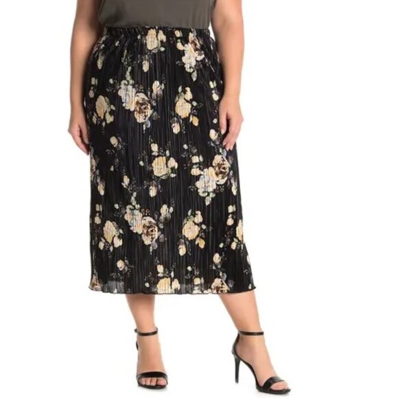 Everleigh Floral Plisse Satin Midi Skirt - Picture 1 of 5